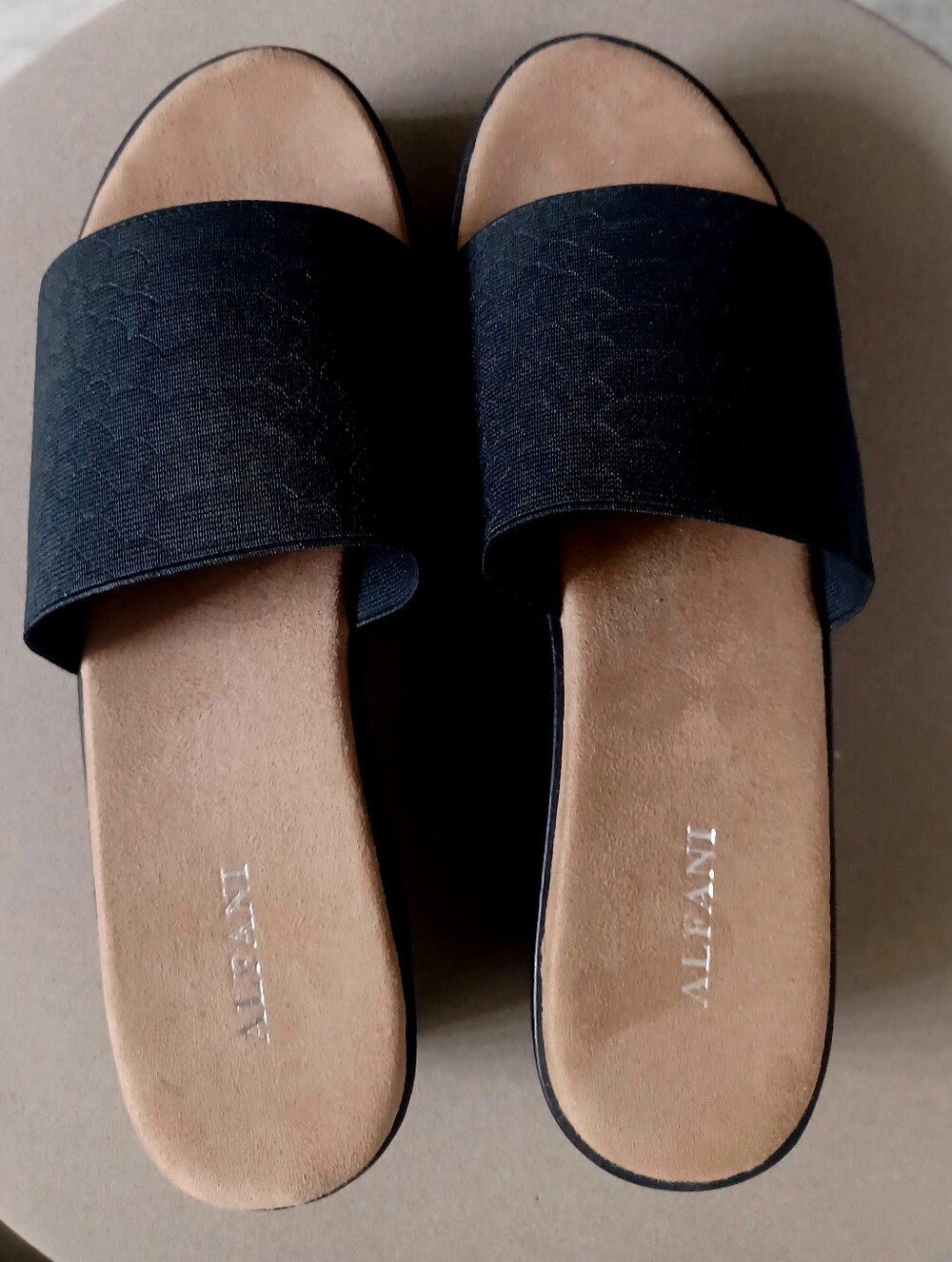 Alfani Black Slide Sandals with Tan Footbed